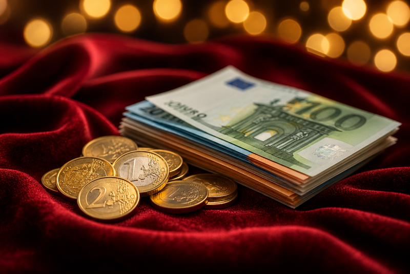 Goldene Euromünzen und Geldscheine als Symbol für den El-Gordo-Gewinn
