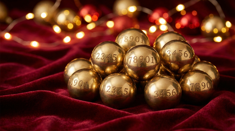 Goldene, nummerierte Loskugeln der spanischen Weihnachtslotterie El Gordo auf tiefrotem Samt