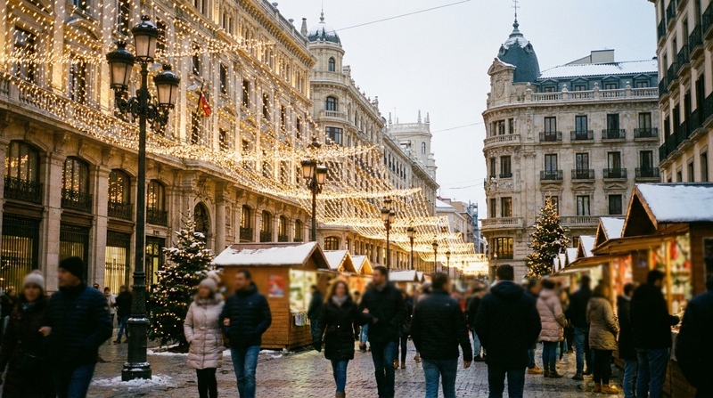 Festlich beleuchtete spanische Stadt zur Weihnachtszeit – Stimmung des El-Gordo-Werbespots