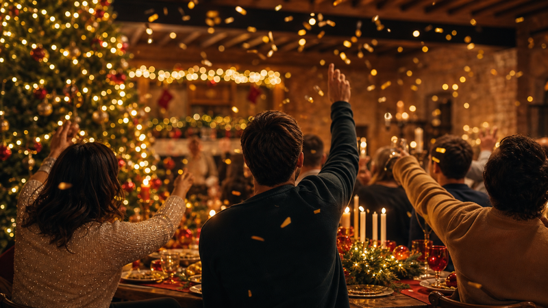 Menschen feiern gemeinsam einen Lotteriegewinn mit goldenem Konfetti und Lichtern